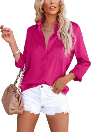 OMSJ Women's Button Down Shirts Satin V Neck Long Sleeve Casual Work Blouse Tops with Pocket