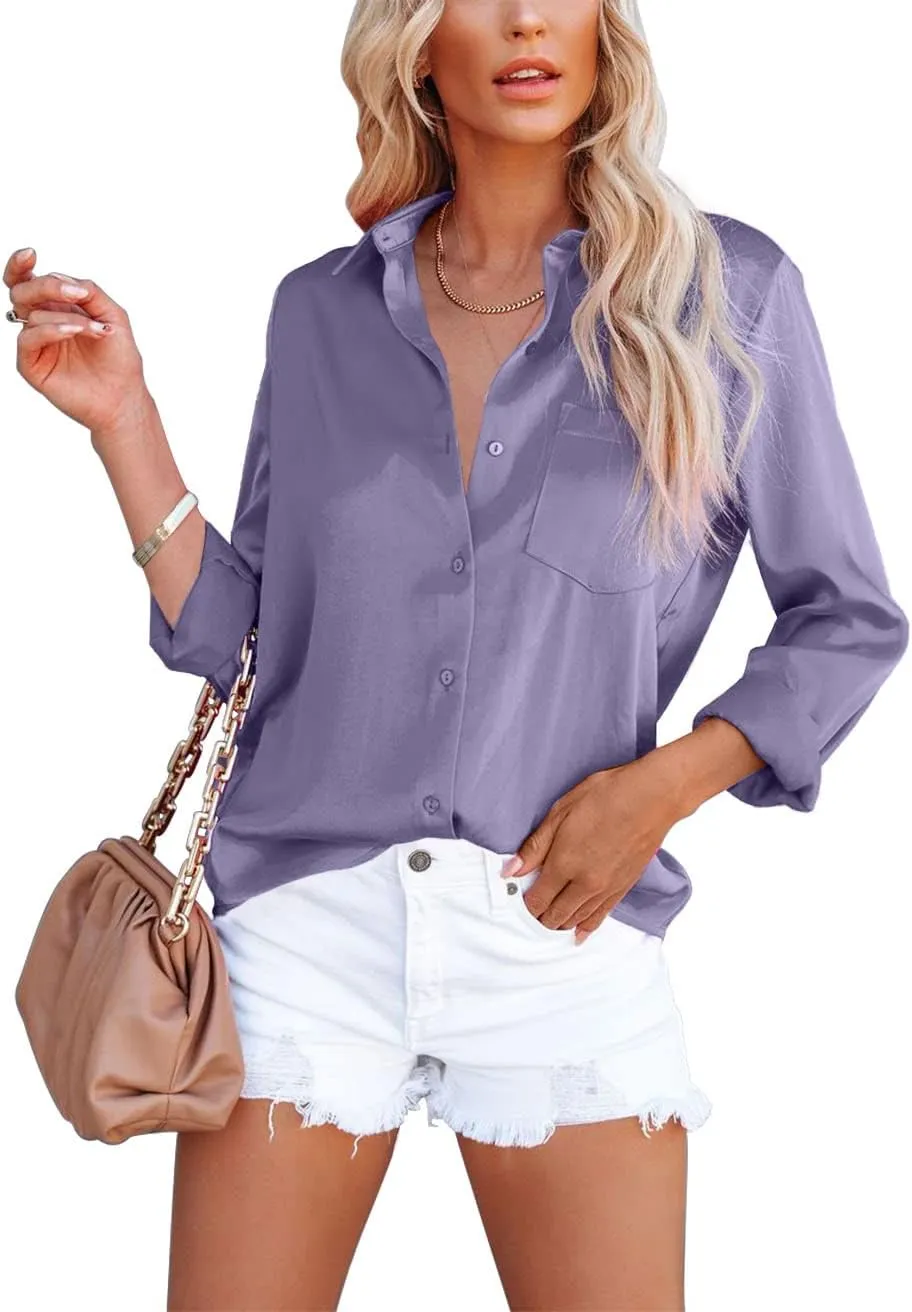 OMSJ Women's Button Down Shirts Satin V Neck Long Sleeve Casual Work Blouse Tops with Pocket