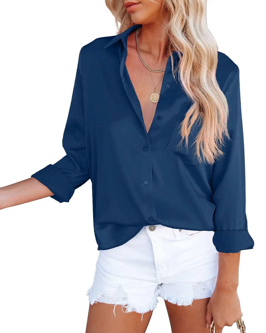 OMSJ Women's Button Down Shirts Satin V Neck Long Sleeve Casual Work Blouse Tops with Pocket