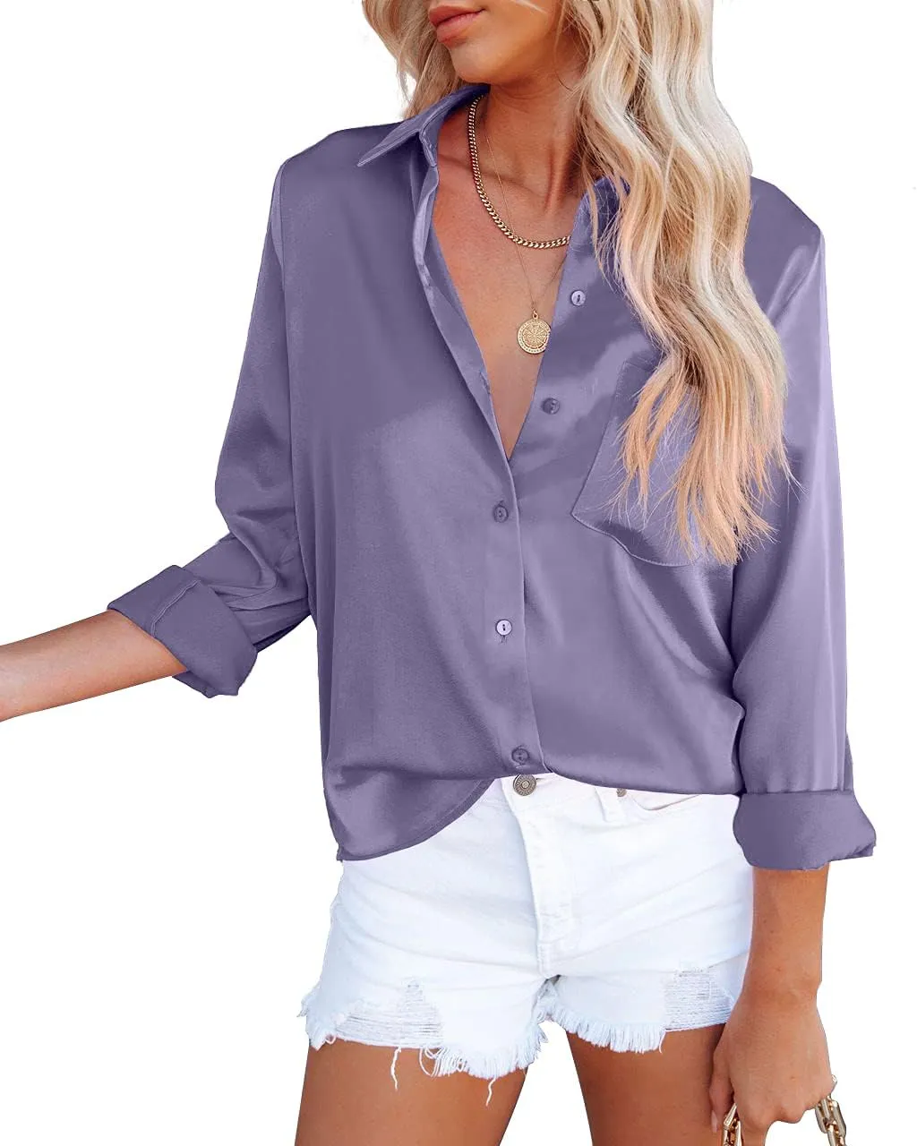 OMSJ Women's Button Down Shirts Satin V Neck Long Sleeve Casual Work Blouse Tops with Pocket