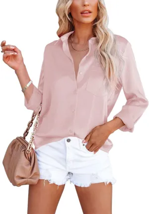 OMSJ Women's Button Down Shirts Satin V Neck Long Sleeve Casual Work Blouse Tops with Pocket