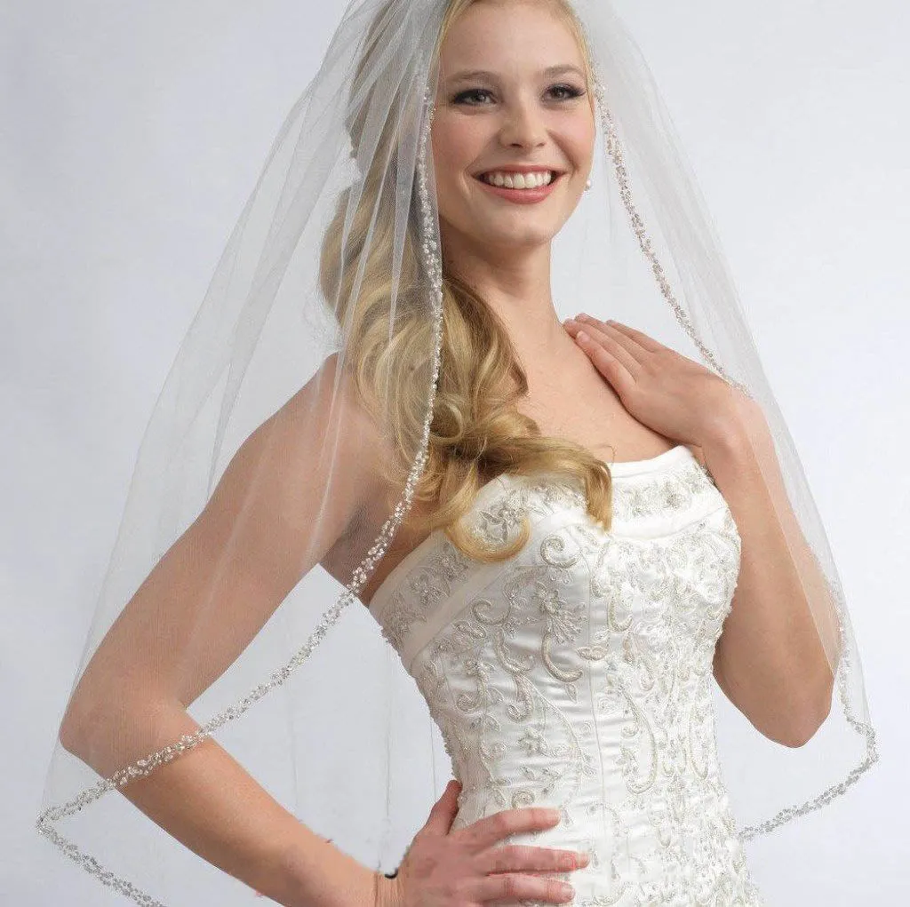 One Layer Fingertip Beading Edge Wedding Veils with Crystals and Sequins WV2