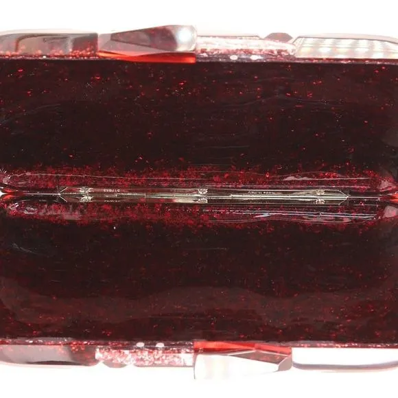 one of a kind, vintage, Gucci Aristographic Red Glitter Plexiglass clutch made of red glitter faceted heavy resin plastic with a latch top