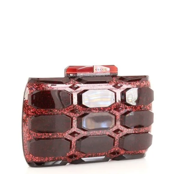 one of a kind, vintage, Gucci Aristographic Red Glitter Plexiglass clutch made of red glitter faceted heavy resin plastic with a latch top