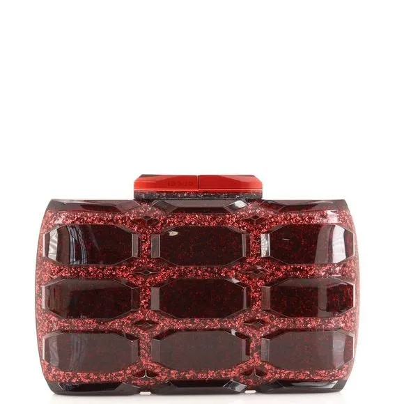 one of a kind, vintage, Gucci Aristographic Red Glitter Plexiglass clutch made of red glitter faceted heavy resin plastic with a latch top