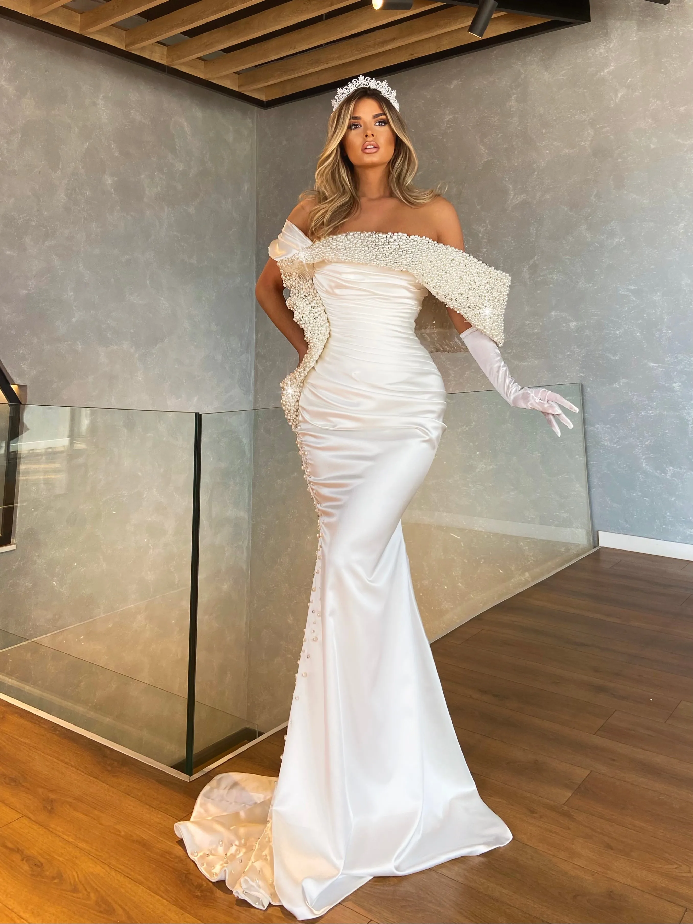 One Shoulder Pearl Embellished Satin Gown with Detachable Train
