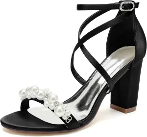 Open Toe Pearl Block Heels Wedding Shoes for Bride Women High Chunky Heels Bridal Shoes Crisscross Ankle Strap Satin Heels Sandals
