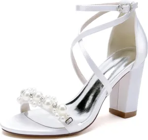 Open Toe Pearl Block Heels Wedding Shoes for Bride Women High Chunky Heels Bridal Shoes Crisscross Ankle Strap Satin Heels Sandals