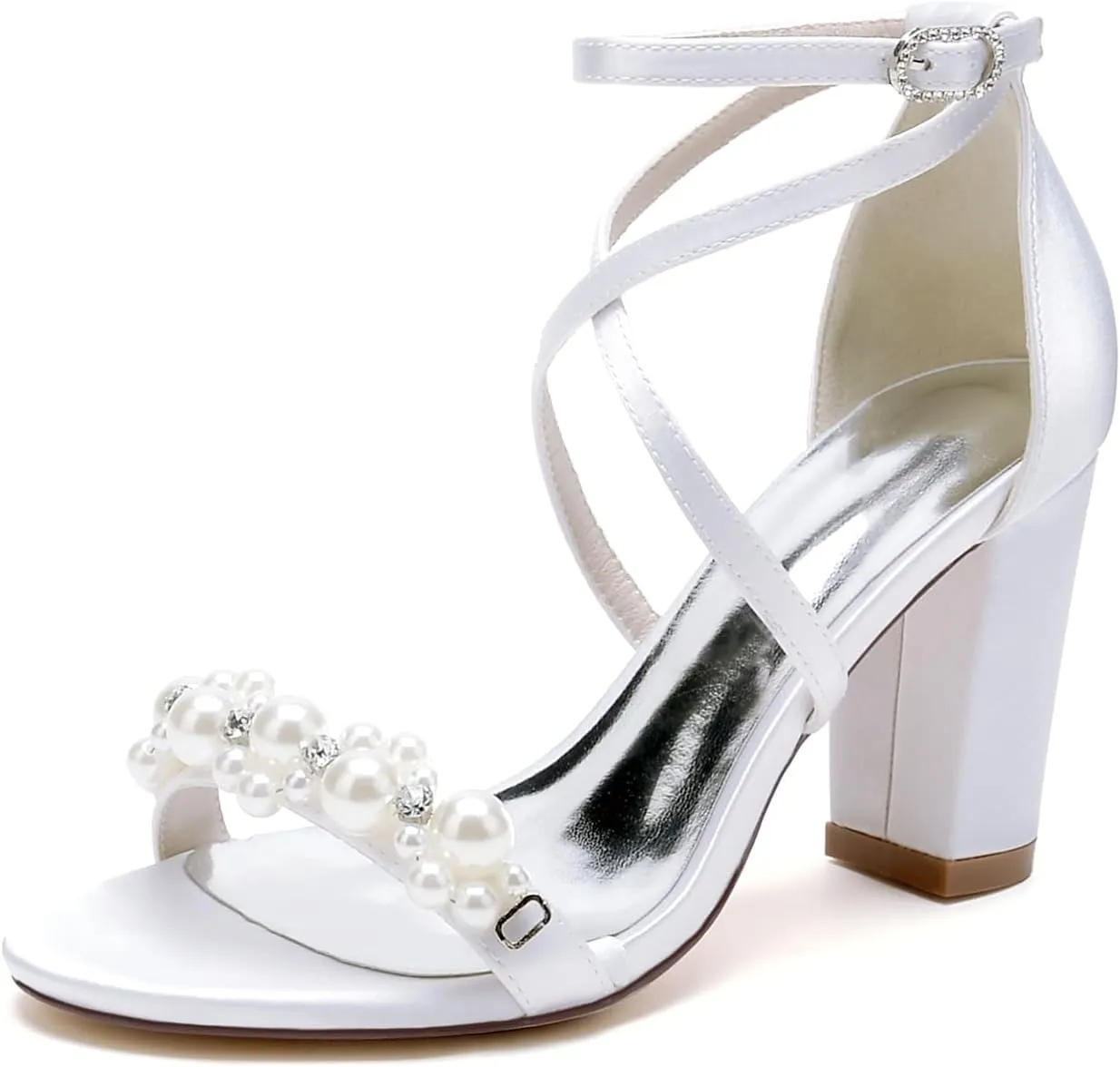 Open Toe Pearl Block Heels Wedding Shoes for Bride Women High Chunky Heels Bridal Shoes Crisscross Ankle Strap Satin Heels Sandals