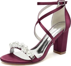 Open Toe Pearl Block Heels Wedding Shoes for Bride Women High Chunky Heels Bridal Shoes Crisscross Ankle Strap Satin Heels Sandals