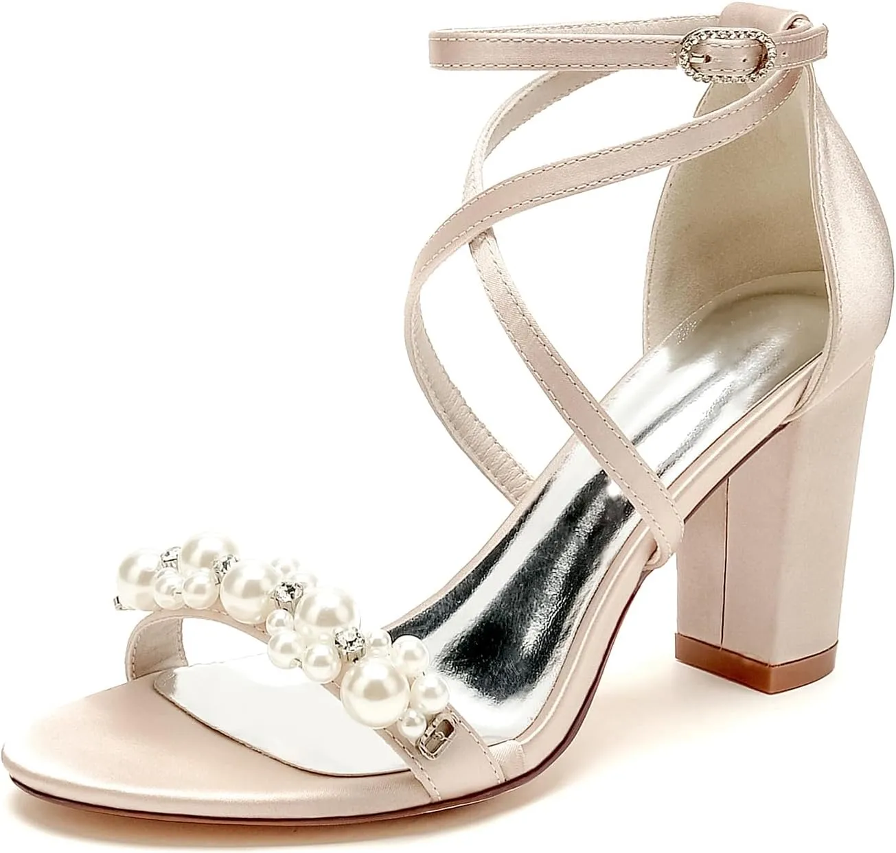 Open Toe Pearl Block Heels Wedding Shoes for Bride Women High Chunky Heels Bridal Shoes Crisscross Ankle Strap Satin Heels Sandals