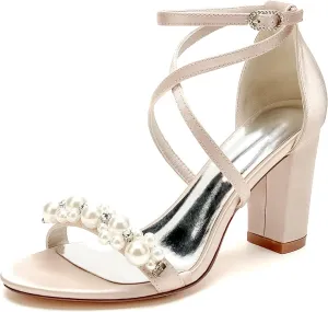 Open Toe Pearl Block Heels Wedding Shoes for Bride Women High Chunky Heels Bridal Shoes Crisscross Ankle Strap Satin Heels Sandals