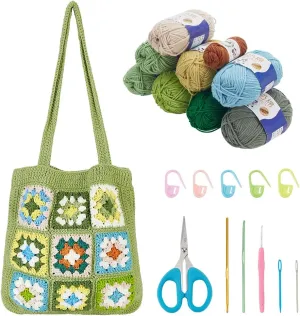 ORIGACH DIY Crochet Tote Bag Kit for Adults, Green Granny Square Shoulder Bag Set for Starter, Complete Accessories Tools to Make a Bag With Instruction and Video