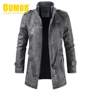Oumor Men Winter Brand New Long Thick Fleece Leather Jacket Coat Men Outwear Fashion Warm Casual Vintage Faux Leather Jacket Men