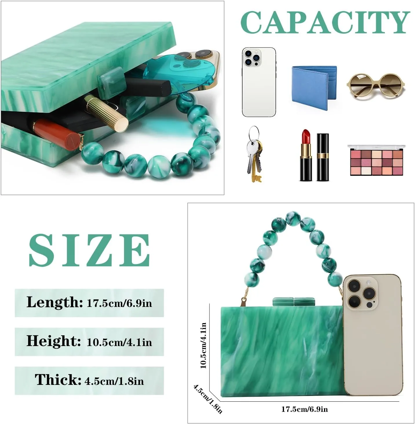 Oweisong Women Acrylic Clutch Purse Formal Wedding Evening Handbag Marble Party Shoulder Crossbody Bag with Bead Chain