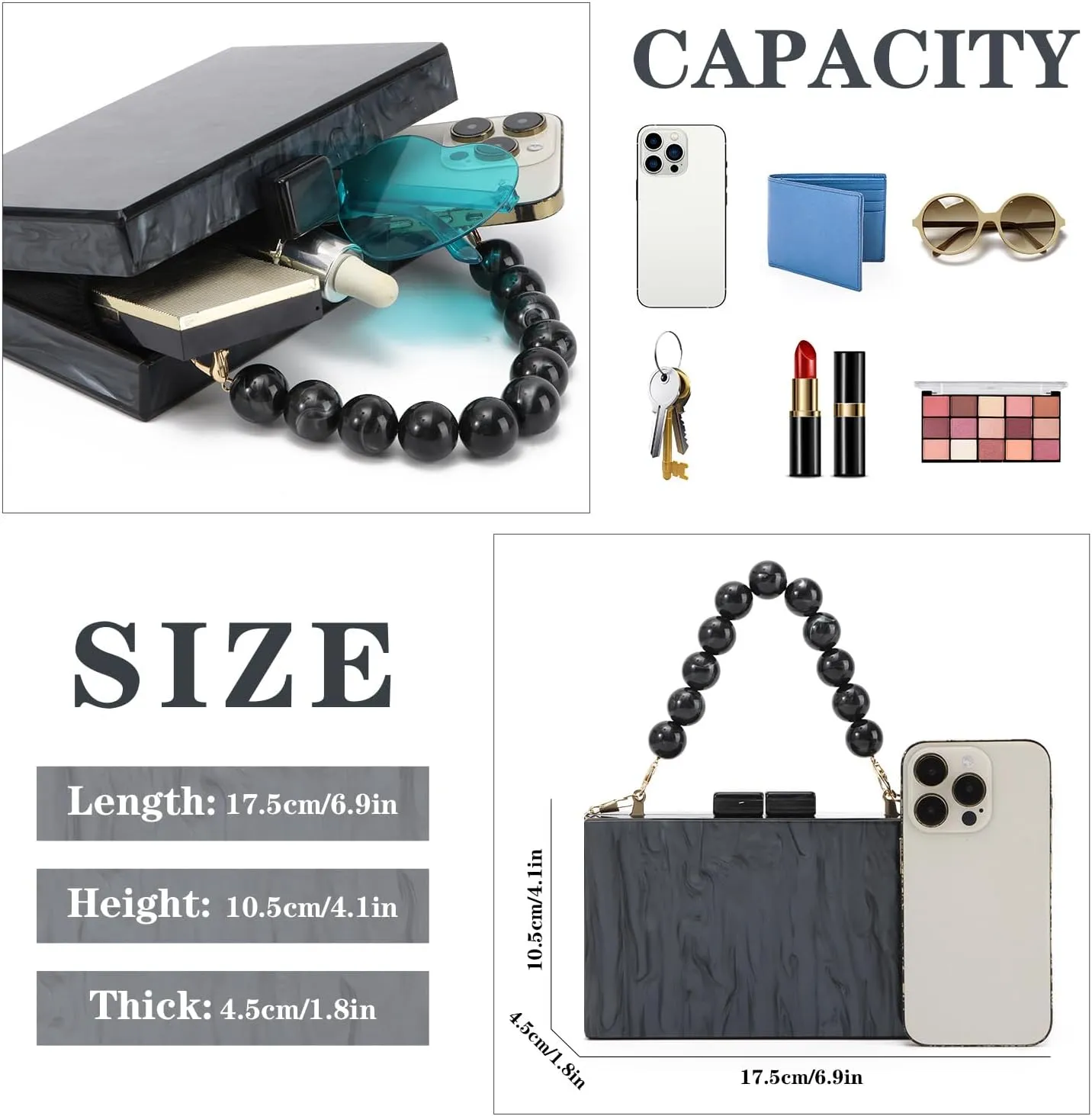 Oweisong Women Acrylic Clutch Purse Formal Wedding Evening Handbag Marble Party Shoulder Crossbody Bag with Bead Chain