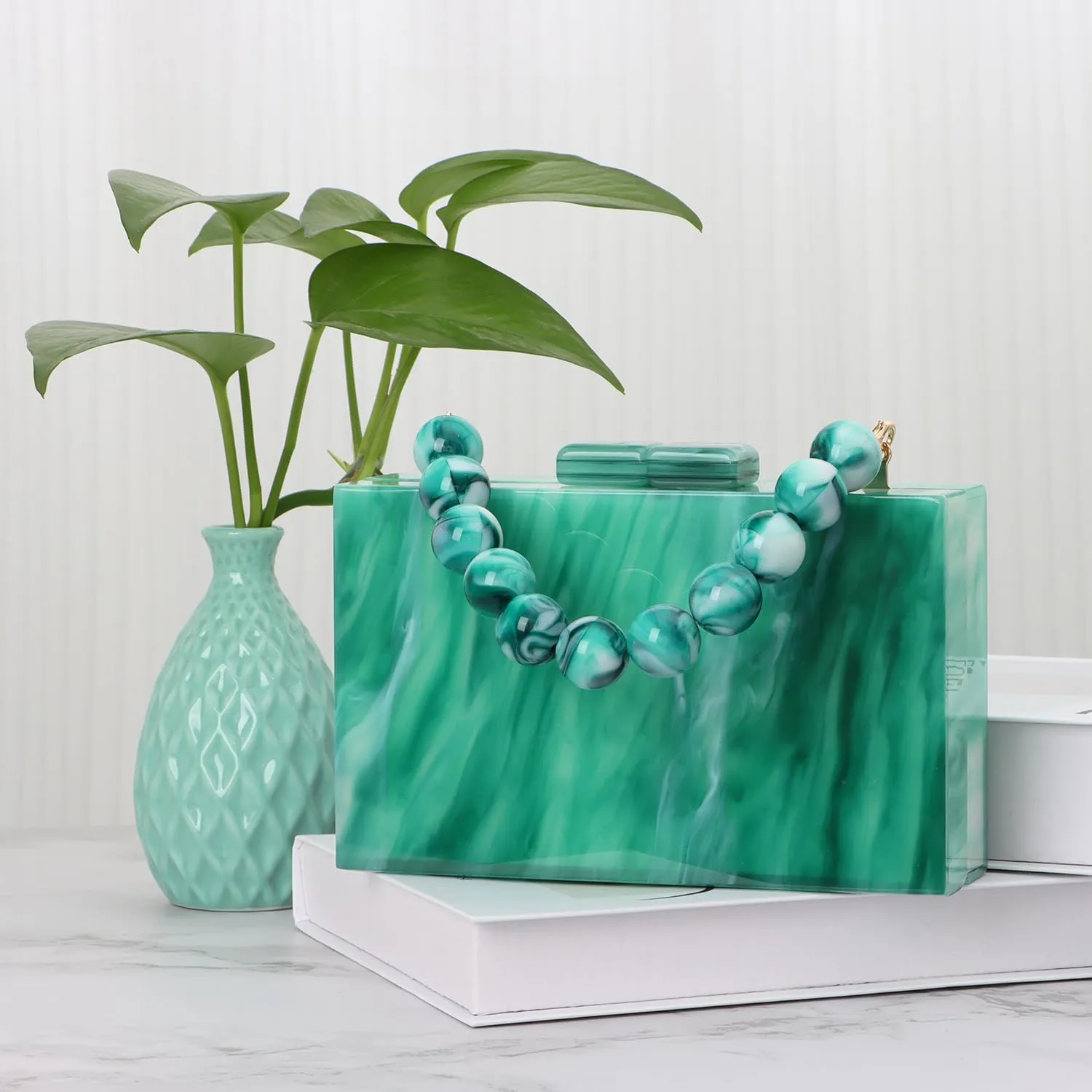 Oweisong Women Acrylic Clutch Purse Formal Wedding Evening Handbag Marble Party Shoulder Crossbody Bag with Bead Chain