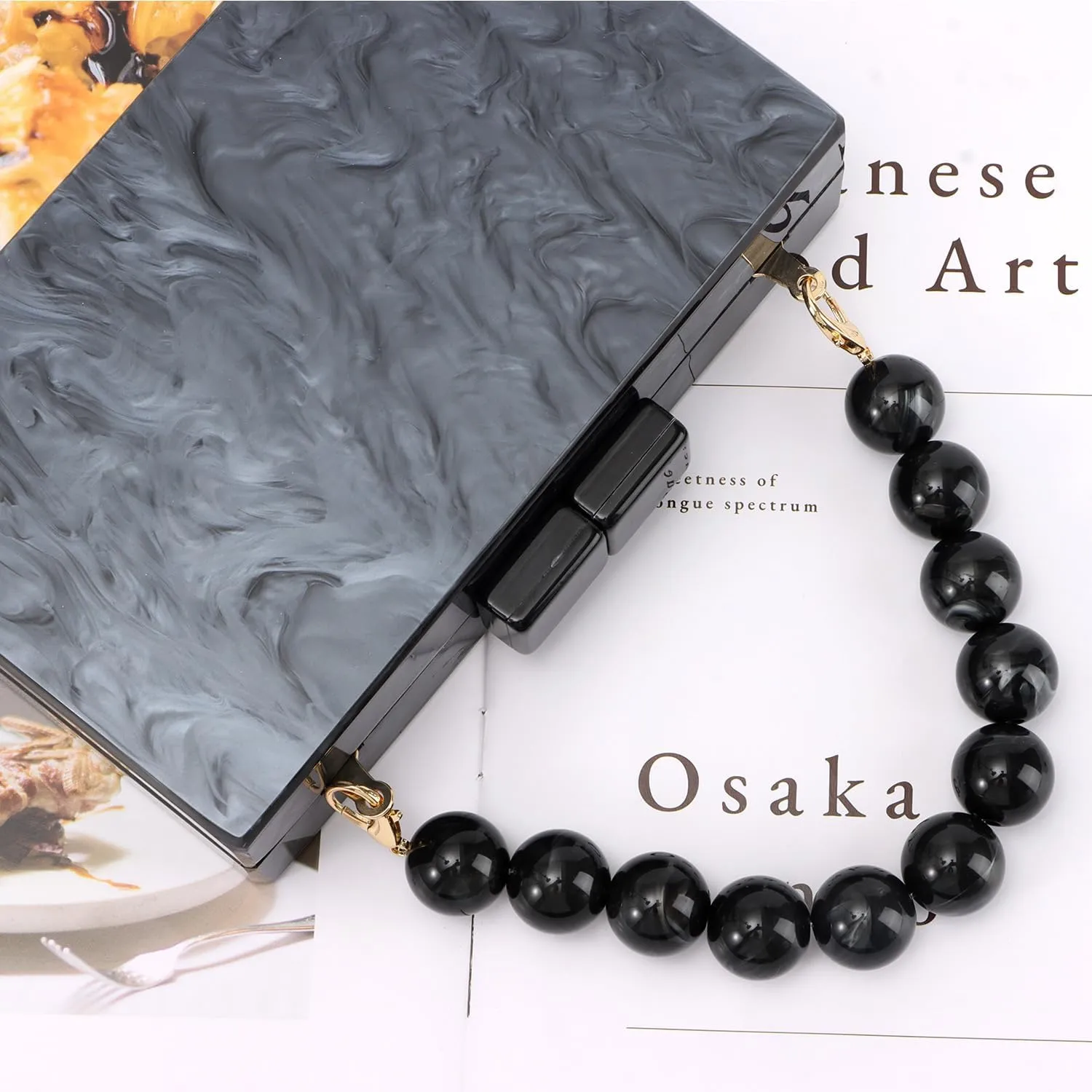Oweisong Women Acrylic Clutch Purse Formal Wedding Evening Handbag Marble Party Shoulder Crossbody Bag with Bead Chain