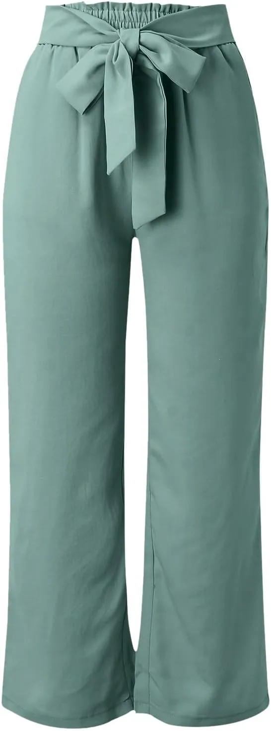 Paperbag Pants for Women Straight Wide Leg Pants Long Flowy with Pockets Comfort Flowy Trousers Womens Casual Pants
