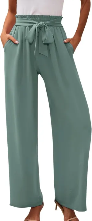 Paperbag Pants for Women Straight Wide Leg Pants Long Flowy with Pockets Comfort Flowy Trousers Womens Casual Pants