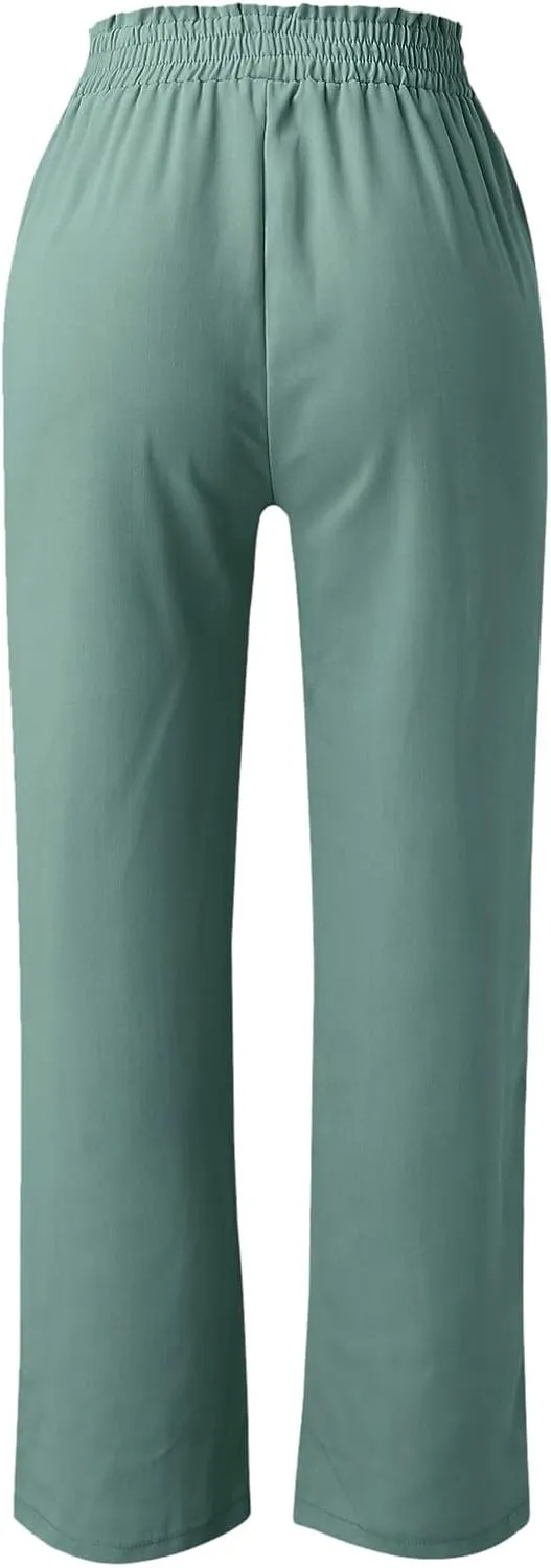 Paperbag Pants for Women Straight Wide Leg Pants Long Flowy with Pockets Comfort Flowy Trousers Womens Casual Pants