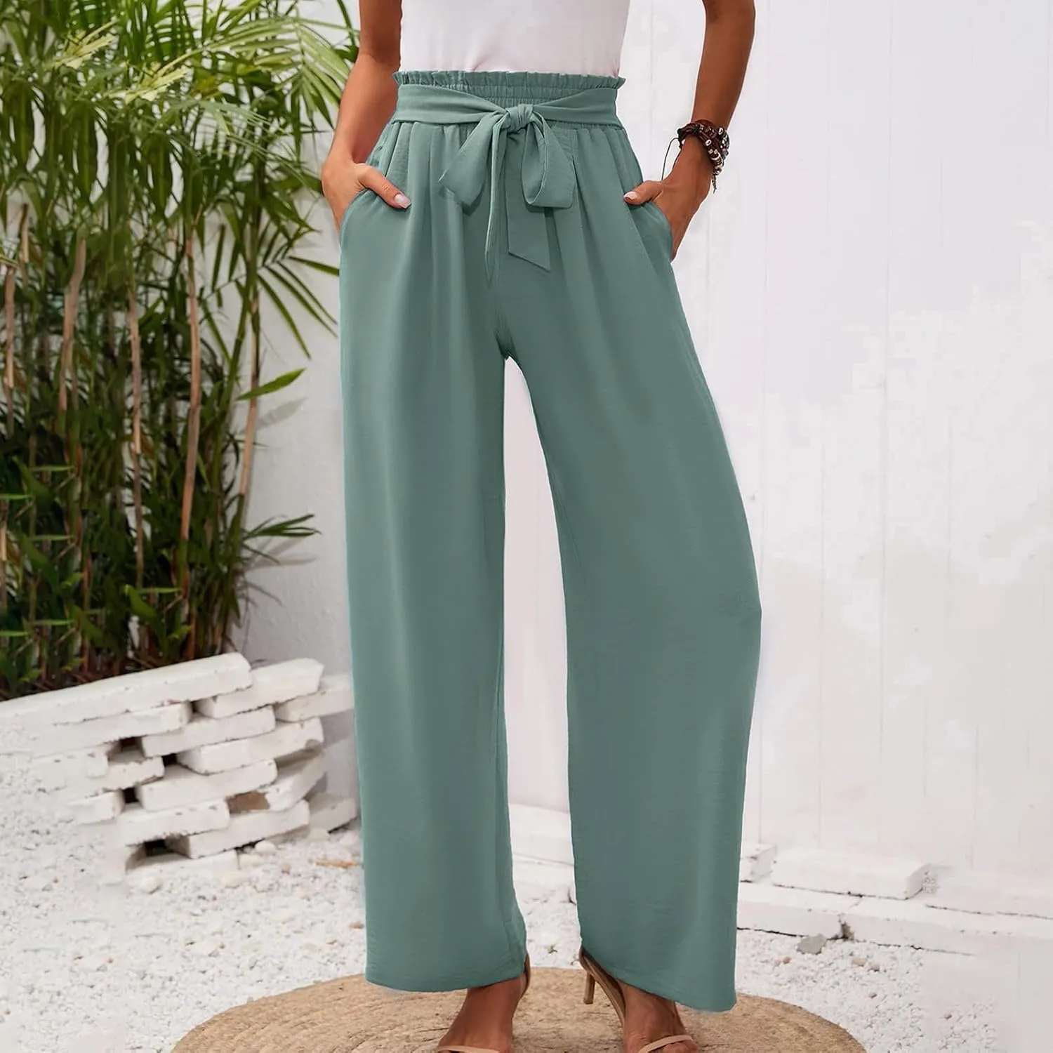 Paperbag Pants for Women Straight Wide Leg Pants Long Flowy with Pockets Comfort Flowy Trousers Womens Casual Pants