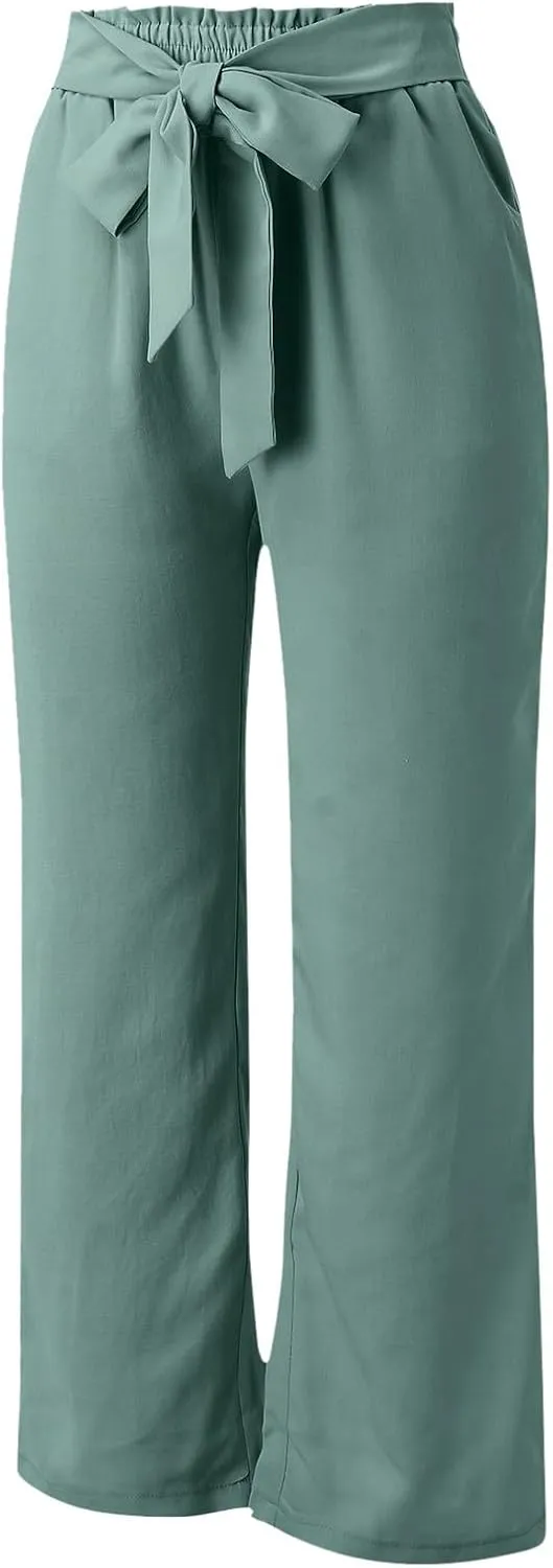 Paperbag Pants for Women Straight Wide Leg Pants Long Flowy with Pockets Comfort Flowy Trousers Womens Casual Pants