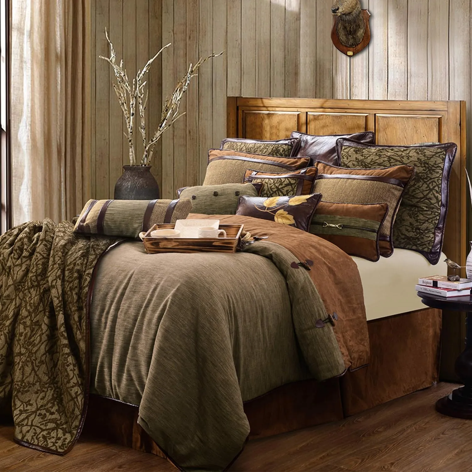 Paseo Road by HiEnd Accents Highland Lodge Leaf Embroidered Faux Leather Lumbar Throw Pillow, 12x19 inch, Rustic Cabin Lodge Western Luxury Bedding