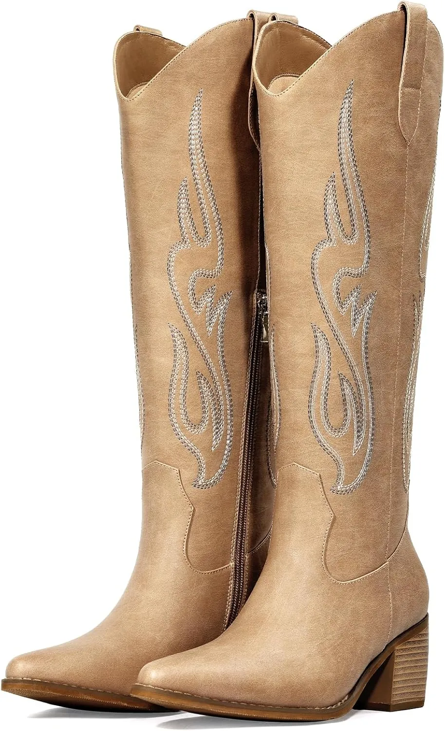 Pasuot Western Cowboy Boots for Women - Knee High Wide Calf Cowgirl Boots with Classic Embroidered, Slip On Pointed Toe Chunky Heel Fashion Retro Classic Pull On Tall Boot for Girls Ladies Fall Winter