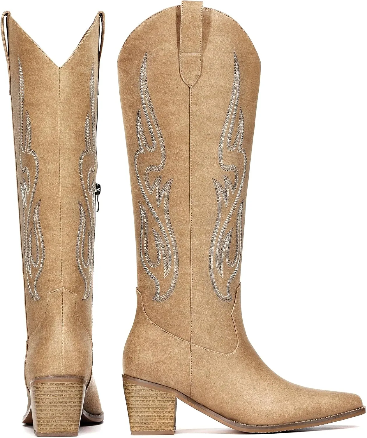 Pasuot Western Cowboy Boots for Women - Knee High Wide Calf Cowgirl Boots with Classic Embroidered, Slip On Pointed Toe Chunky Heel Fashion Retro Classic Pull On Tall Boot for Girls Ladies Fall Winter