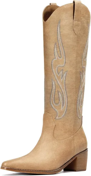 Pasuot Western Cowboy Boots for Women - Knee High Wide Calf Cowgirl Boots with Classic Embroidered, Slip On Pointed Toe Chunky Heel Fashion Retro Classic Pull On Tall Boot for Girls Ladies Fall Winter