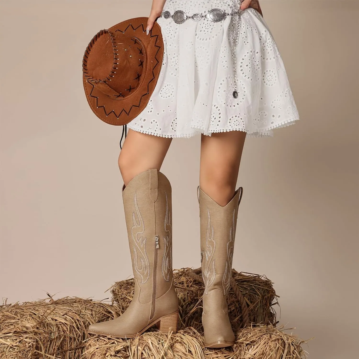 Pasuot Western Cowboy Boots for Women - Knee High Wide Calf Cowgirl Boots with Classic Embroidered, Slip On Pointed Toe Chunky Heel Fashion Retro Classic Pull On Tall Boot for Girls Ladies Fall Winter