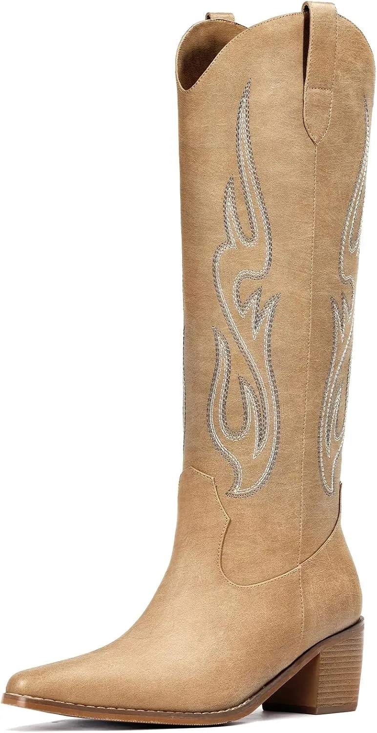 Pasuot Western Cowboy Boots for Women - Knee High Wide Calf Cowgirl Boots with Classic Embroidered, Slip On Pointed Toe Chunky Heel Fashion Retro Classic Pull On Tall Boot for Girls Ladies Fall Winter