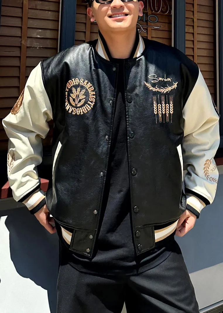 Patchwork Embroideried Spring Parkas Men TC011 New Leather Button Faux Black