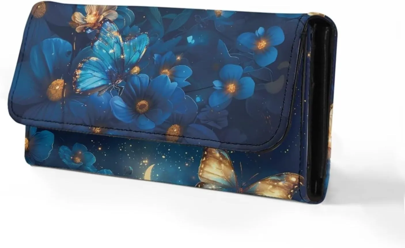 Pattern Blue Butterflies and Flowers Women Wallet Clutch Credit Card Holder Purse Large Capacity Wallets with Coin Pockets Cash Bags