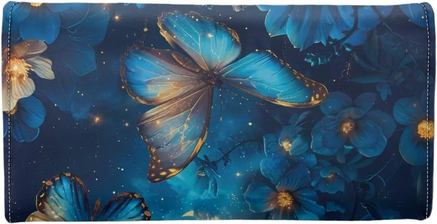 Pattern Blue Butterflies and Flowers Women Wallet Clutch Credit Card Holder Purse Large Capacity Wallets with Coin Pockets Cash Bags
