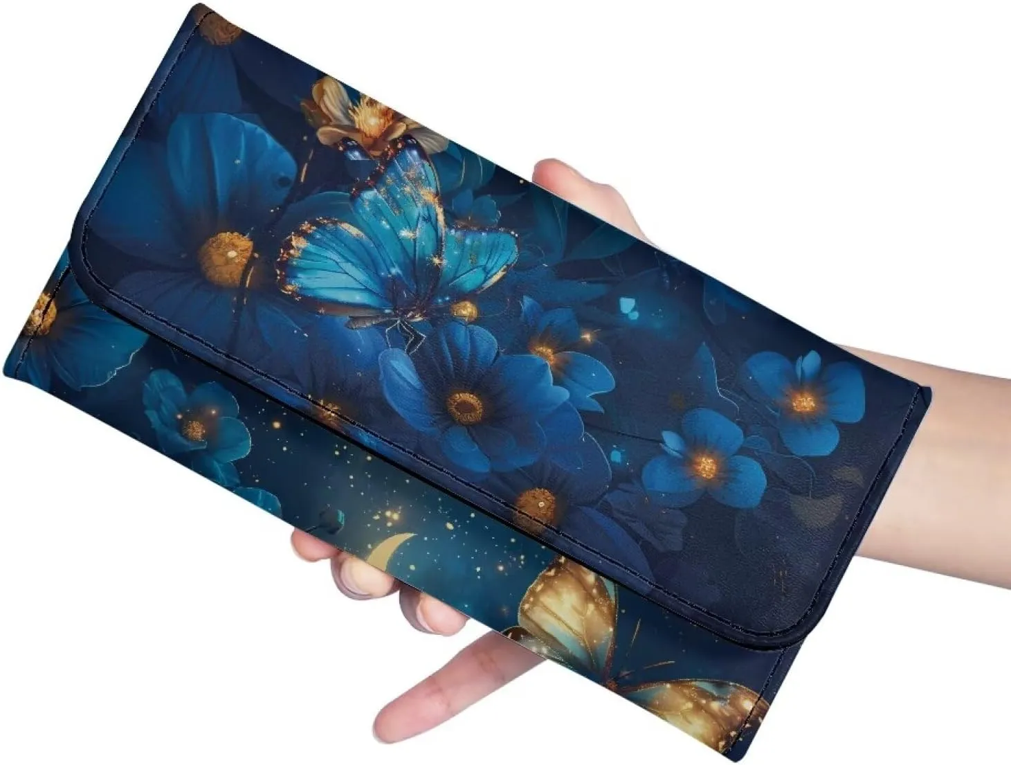 Pattern Blue Butterflies and Flowers Women Wallet Clutch Credit Card Holder Purse Large Capacity Wallets with Coin Pockets Cash Bags