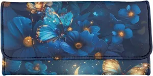 Pattern Blue Butterflies and Flowers Women Wallet Clutch Credit Card Holder Purse Large Capacity Wallets with Coin Pockets Cash Bags