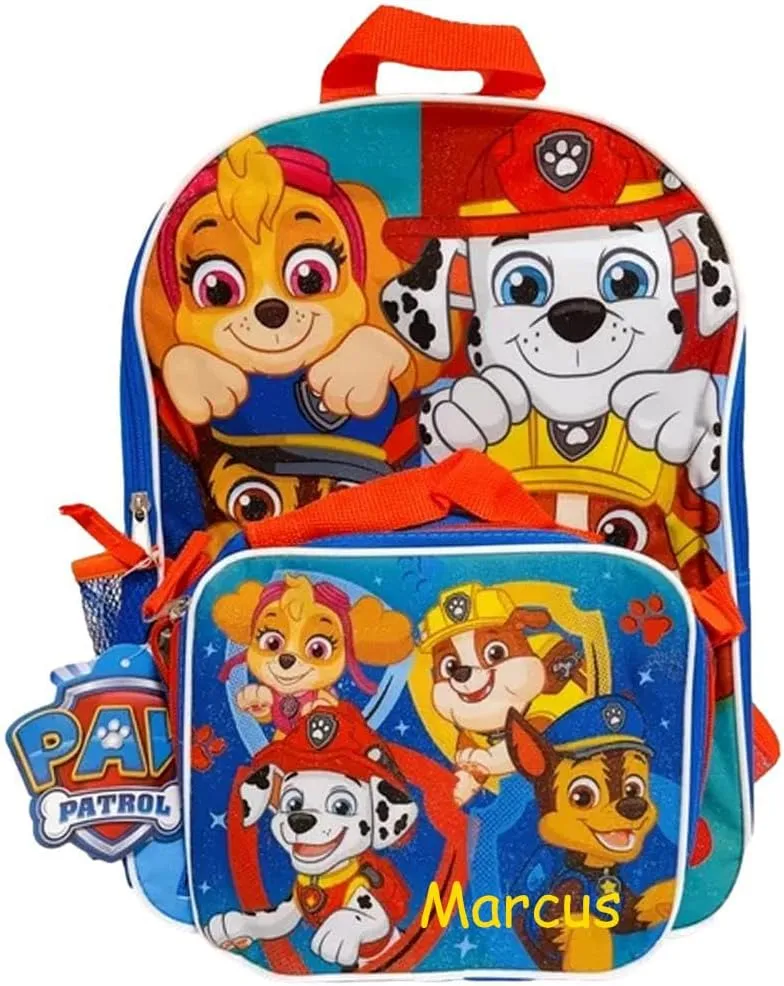 Paw Patrol Backpack for Kids, Book Bag Lunch Box Set, Officially Licensed, Back to School Bags, Personalized Custom Name (Red Blue Badges)