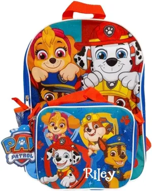 Paw Patrol Backpack for Kids, Book Bag Lunch Box Set, Officially Licensed, Back to School Bags, Personalized Custom Name (Red Blue Badges)