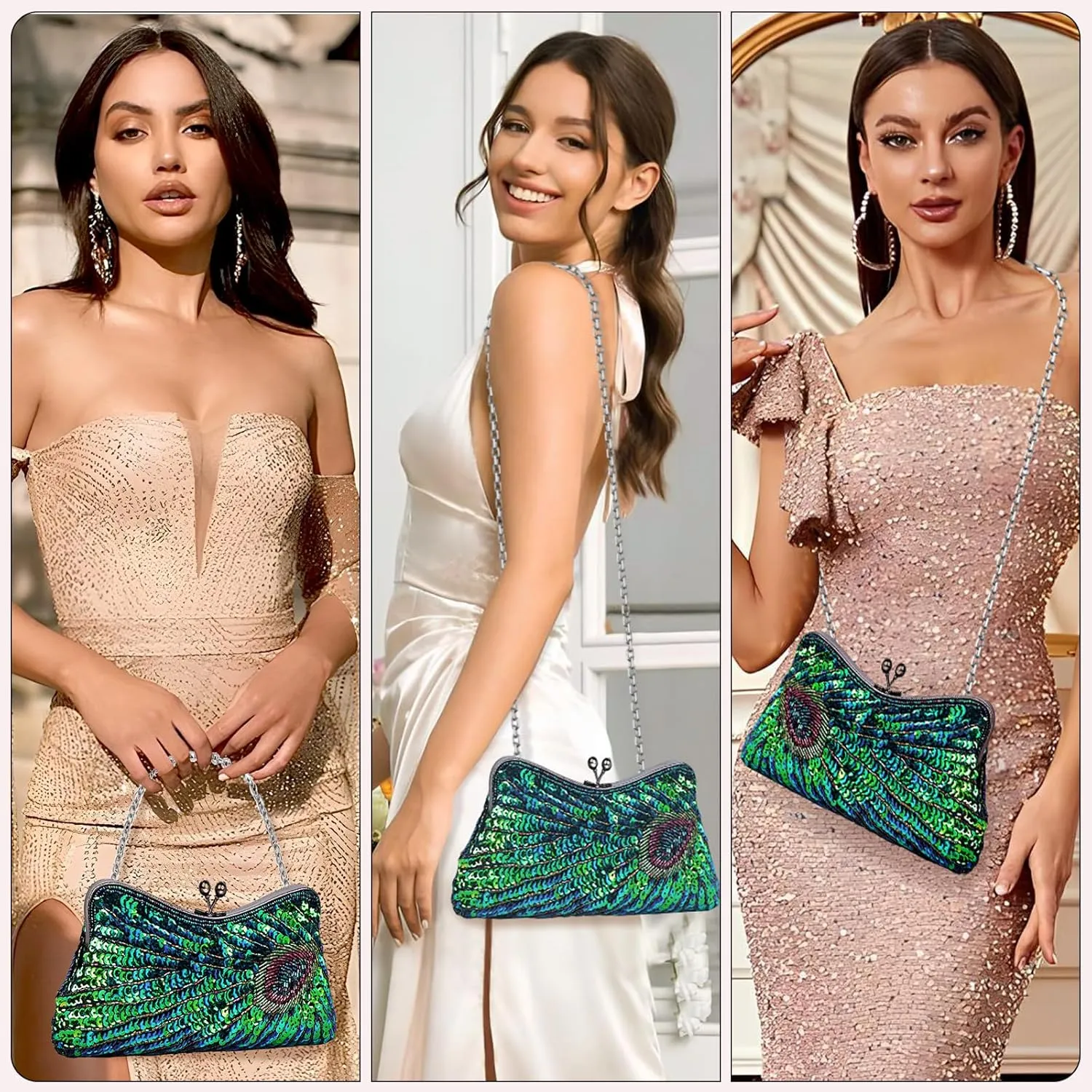 Peacock Evening Bags Clutch Purse for Women Bead Sequins Vintage Purses Crossbody Handbags with Detachable Chains