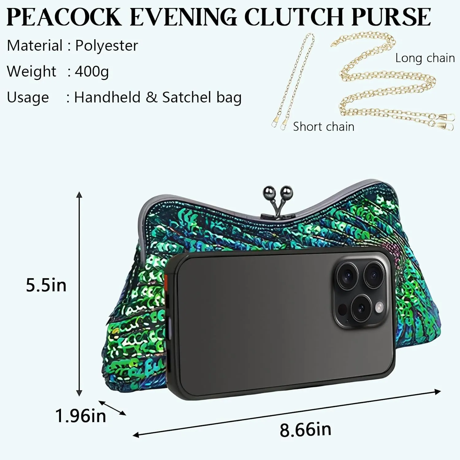 Peacock Evening Bags Clutch Purse for Women Bead Sequins Vintage Purses Crossbody Handbags with Detachable Chains