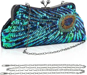 Peacock Evening Bags Clutch Purse for Women Bead Sequins Vintage Purses Crossbody Handbags with Detachable Chains