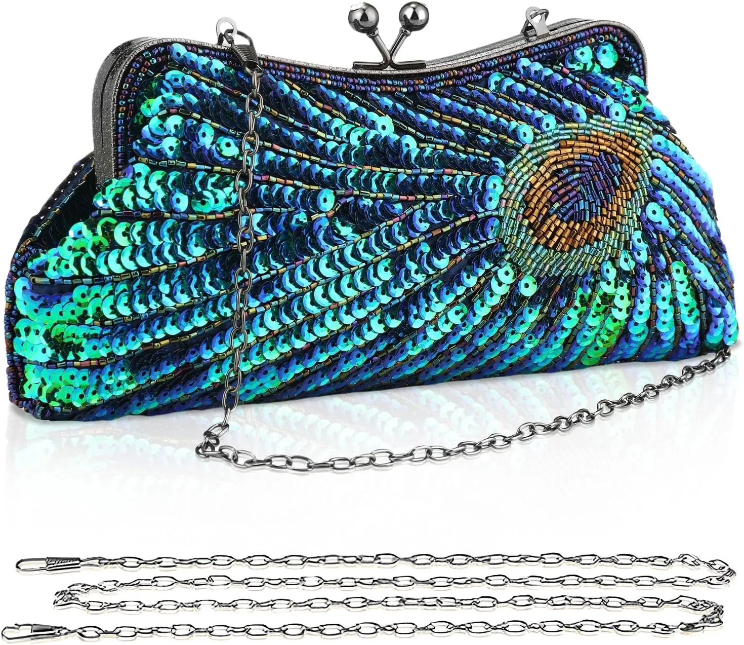 Peacock Evening Bags Clutch Purse for Women Bead Sequins Vintage Purses Crossbody Handbags with Detachable Chains