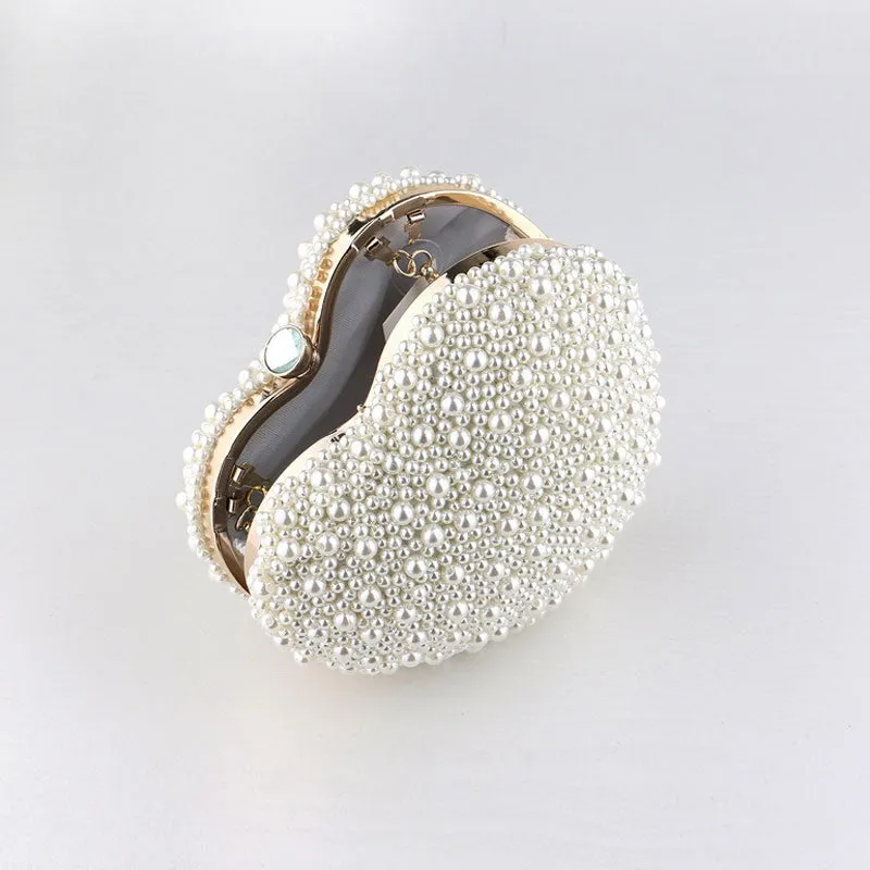 Pearl Beaded Heart Shaped Clutch Bag - Beige