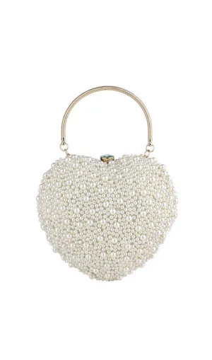 Pearl Beaded Heart Shaped Clutch Bag - Beige