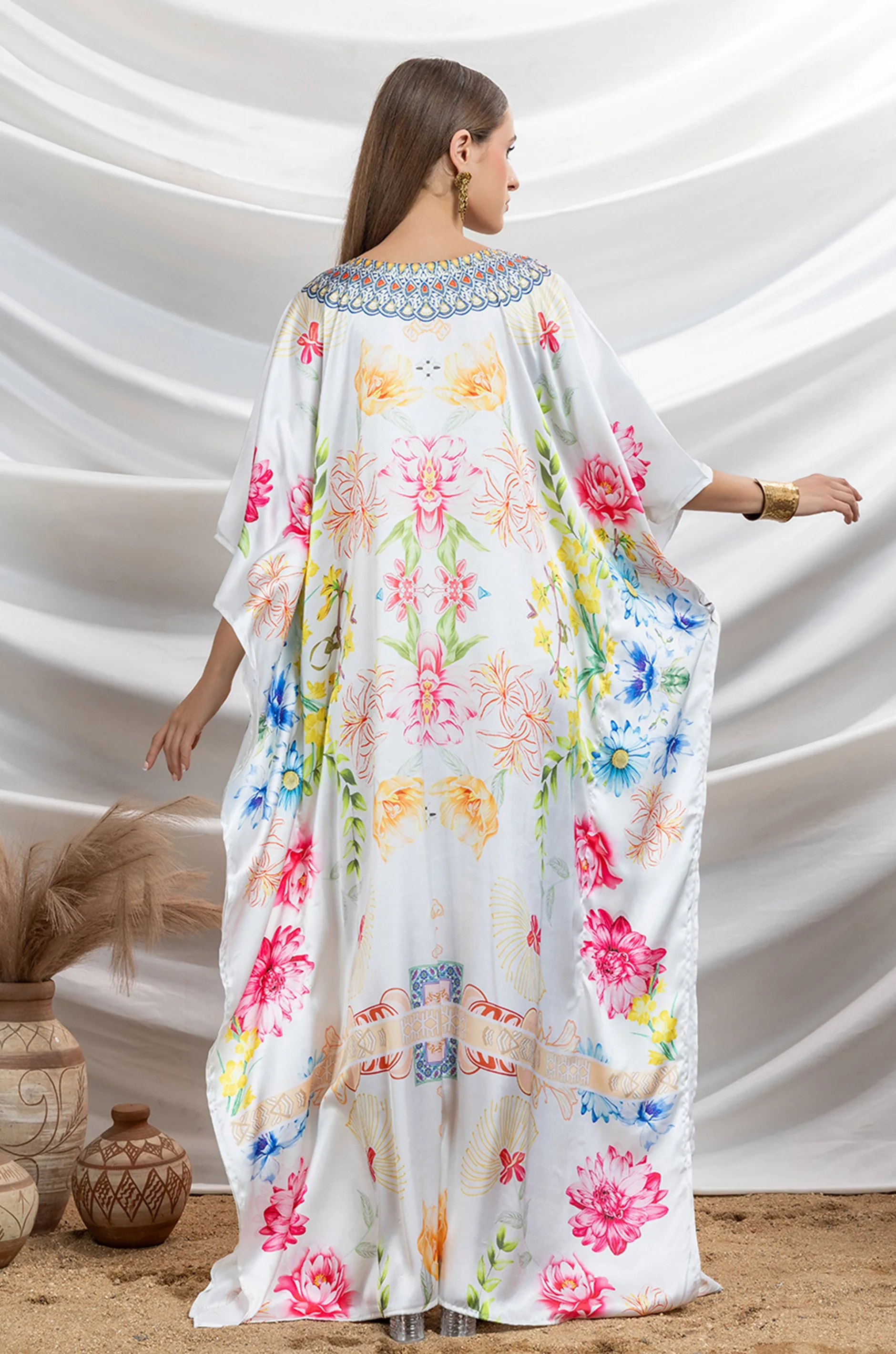 Pearl Glow Soft Satin Women Kaftan with Rhinestones