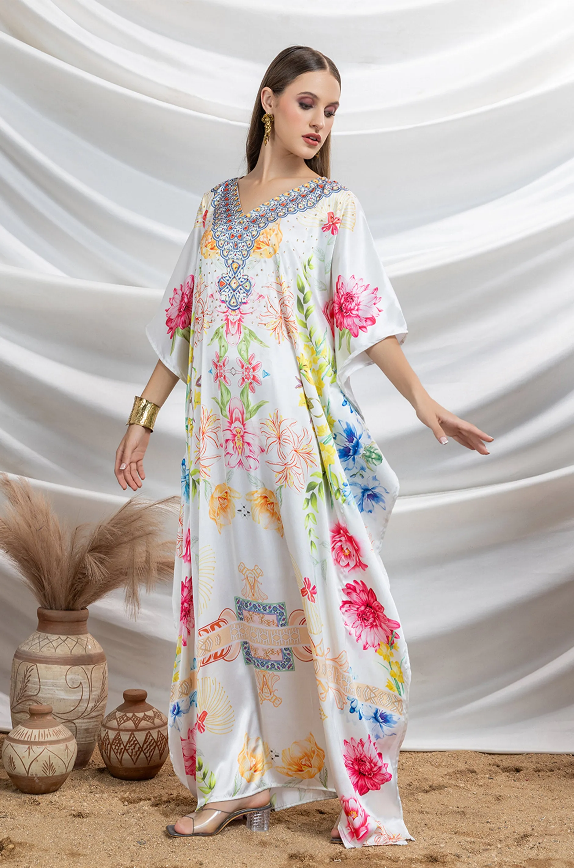 Pearl Glow Soft Satin Women Kaftan with Rhinestones