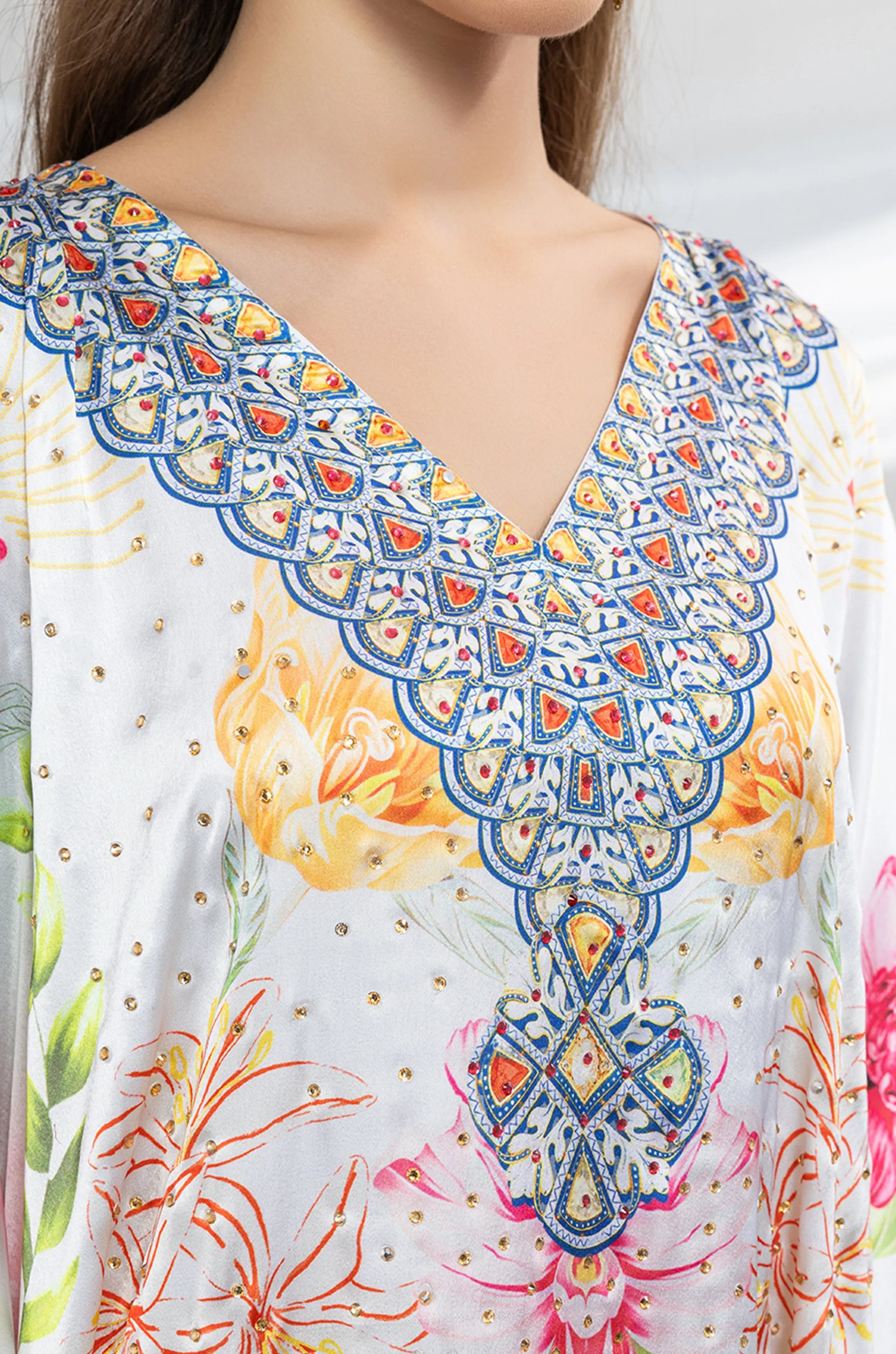 Pearl Glow Soft Satin Women Kaftan with Rhinestones