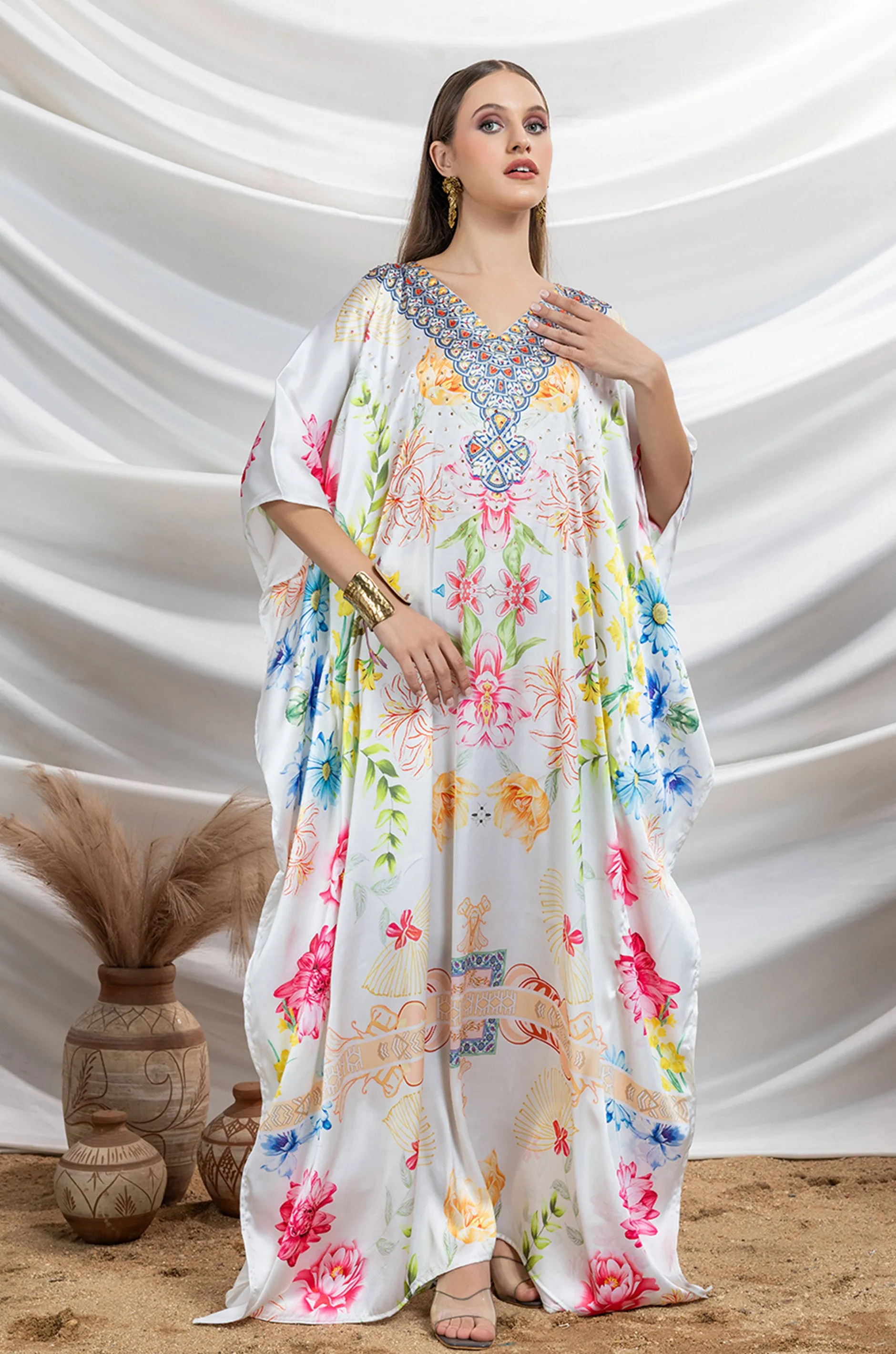 Pearl Glow Soft Satin Women Kaftan with Rhinestones